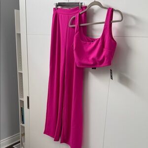 Lulu's Fuchsia Wide Leg Pants & Crop Top Set